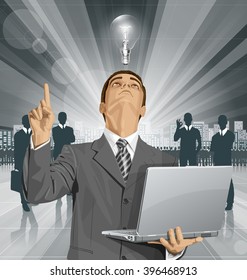 Idea concept. Vector business man looking up, looking for idea, shows something with his finger