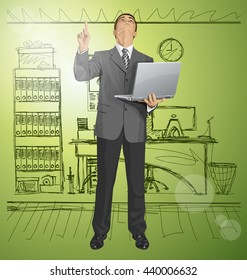 Idea concept. Vector business man looking up, looking for idea, shows something with his finger