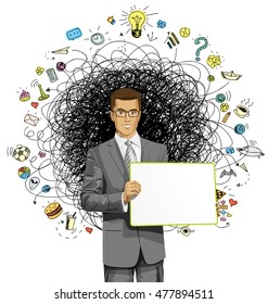 Idea concept. Vector Business man holding empty write board in his hands