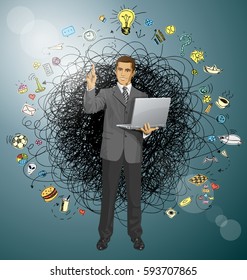Idea concept. Vector business man shows something with his finger