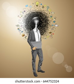 Idea concept. Vector business man with laptop in his hands. All layers well organized and easy to edit