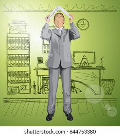 Idea concept. Vector business man hides under the laptop, looking up