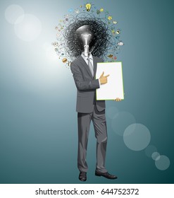 Concepto de idea. Empresario vectorial con cartón de escritura vacío en sus manos
