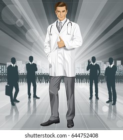 Idea concept. Vector doctor man with stethoscope shows well done