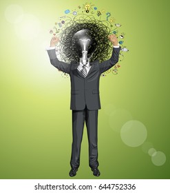 Idea concept. Vector happy businessman with hands up, celebrating his victory