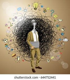 Idea concept. Vector hipster business man with laptop in his hands