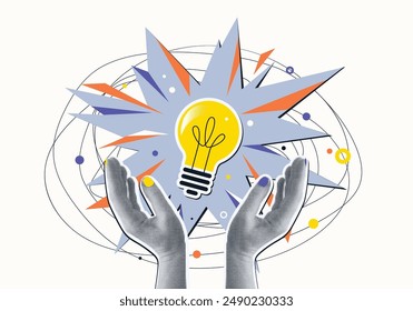 Idea concept vector illustration. Two halftone hands holds bulb, explosion at the center. Innovation strategy collage design. Education, work solution abstract background.