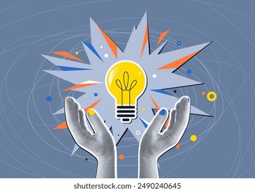 Idea concept vector illustration. Two halftone hands holds bulb, explosion at the center. Innovation strategy collage design. Education, work solution. On dark background.