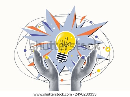 Idea concept vector illustration. Two halftone hands holds bulb, explosion at the center. Innovation strategy collage design. Education, work solution abstract background.