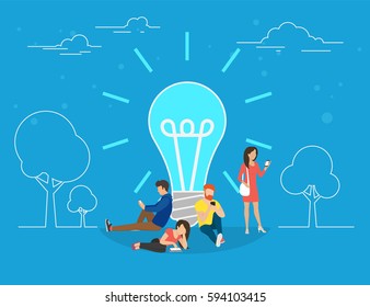 Idea concept vector illustration of young people standing near idea light bulb. Flat creative people using devices such as smartphone and digital tablet. Business header for startup or project