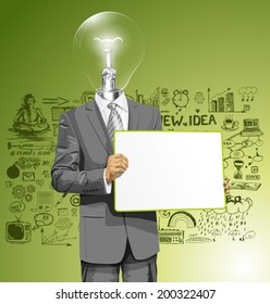 Idea concept. Vector lamp head business man holding empty write board in his hands