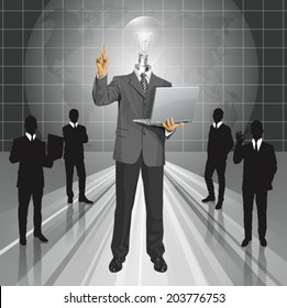 Idea concept. Vector lamp head business man shows something with his finger