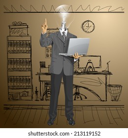 Idea concept. Vector lamp head business man shows something with his finger