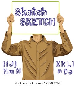 Concepto de idea. Hombre vector con letras de tablero blanco y letras de boceto