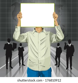 Idea concept. Vector Man with write board in his hands against his head