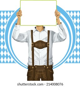 Idea Concept. Vector Man With Write Board In Lederhosen On Oktoberfest