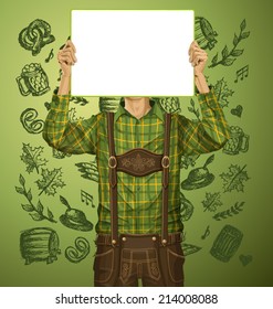 Idea concept. Vector Man with write board in lederhosen on oktoberfest