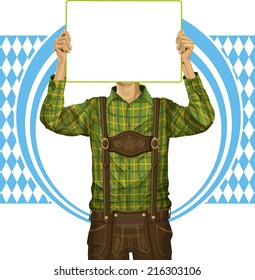 Idea concept. Vector Man with write board in lederhosen on oktoberfest
