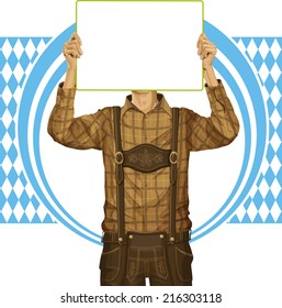 Idea Concept. Vector Man With Write Board In Lederhosen On Oktoberfest