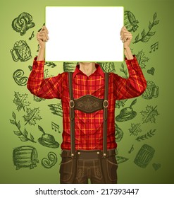 Idea concept. Vector Man with write board in lederhosen on oktoberfest