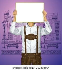 Idea concept. Vector Man with write board in lederhosen on oktoberfest