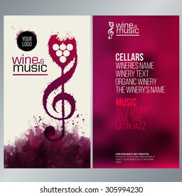 Idea concept wine and music. Elegant and expressive design. Colors and wine stains. Design for your business (social event, wine tasting, wine bar, restaurant or winery). Vector.