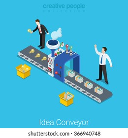 Idea conveyor flat 3d isometry isometric business startup concept web vector illustration. Production plant stripe light bulb idea sign converting to dollar money. Creative people collection.
