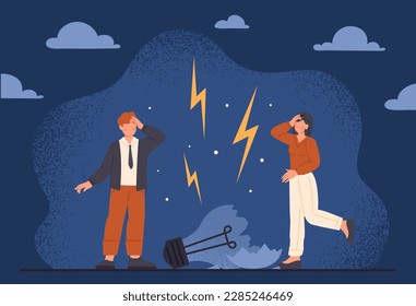 Idea colapsó. Hombre y mujer parados y sostienen sus cabezas cerca de la bombilla rota. Emprendedores cerca de fracasados proyectos de inicio o negocio. Creatividad rota. Dibujo vectorial plano de dibujos animados