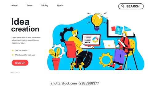Idea creation concept for landing page template. Employees brainstorming and discussing tasks. Innovation and creativity people scene. Vector illustration with flat character design for web banner