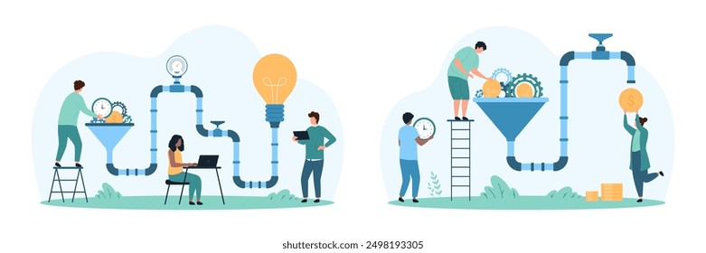 Idea creation and monetization process set. Tiny people work with funnel and pipeline with light bulb connection for business projects, make money with solution filter cartoon vector illustration