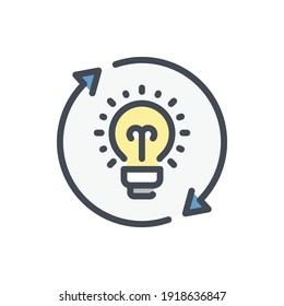 Idea creation process and Change Idea color line icon. Light bulb with rotating arrows vector outline colorful sign.