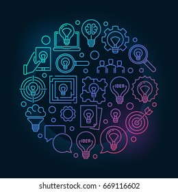 Idea creative bright illustration. Vector round thinking concept sign or design element made with linear light bulb icons on dark background