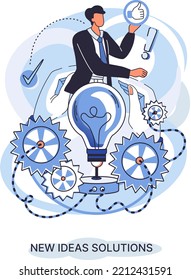 Idea y creatividad. Empresario sobre el mecanismo de inicio de la bombilla, la búsqueda de nuevas soluciones, trabajo creativo y dirección del desarrollo. Nueva idea de negocio de liderazgo. Invertir en innovación