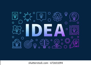 Idea creative colorful design. Vector bright banner made with word IDEA and bulb icons on dark blue background