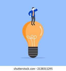 Idea and creative concept. Smart businessmen stand on light bulbs and look for opportunities, search for new solutions, and direction of development. A new business idea of leadership.  