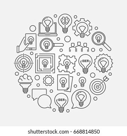 Idea creative illustration. Vector round thinking concept sign or design element made with outline light bulb icons