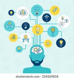 Idea Innovación creativa infografía de pensamiento conjunto con lámparas de silueta humana ilustración vectorial