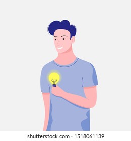 Idea, creativity concept. Young man holds a light bulb in his hand. Trendy flat design. Vector illustration.