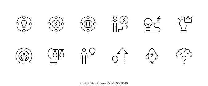 Idea and creativity icon collection. Innovation, solution, inspiration, thinking, brainstorming, problem solving, and more. Editable stroke. Pixel Perfect. Grid base 32px.