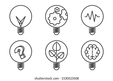 Idea, creativity and innovation icon set. Concept of innovation. Outline thin line illustration. Isolated on white background. 