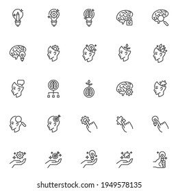 Idea creativity line icons set. Creative thinking linear style symbols collection, outline signs pack. vector graphics. Set includes icons as brainstorming, idea light bulb, human brain mind, solution