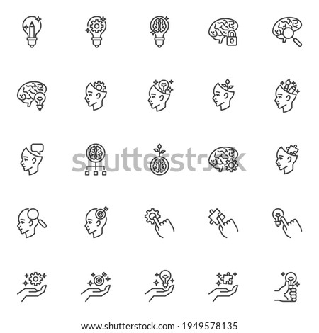 Idea creativity line icons set. Creative thinking linear style symbols collection, outline signs pack. vector graphics. Set includes icons as brainstorming, idea light bulb, human brain mind, solution