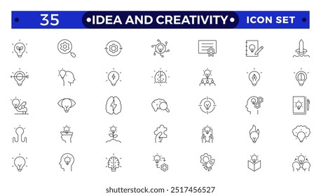 Conjunto de ícones do esboço da ideia e da criatividade. Conjunto de ícones de inovação. Contendo criatividade, invenção, protótipo, visionário, geração de ideias, ágil, revolução e muito mais. Coleção de ícones de vetor de linha fina.
