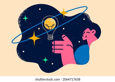 Idea, creativity and space concept. Young smiling woman cartoon character reaching for light bulb levitating in outer space vector illustration 