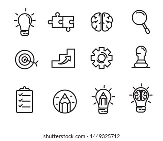 Idea, creativity and strategy related icon line design with black color suitable for modern interface or graphic design, suitable for doodle too