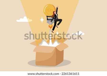 Idea, creativity or think outside the box, solution or think difference, wisdom or imagination to success concept, smart businesswoman with lightbulb idea as rocket booster flying from open box.