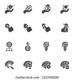 Idea and creativity vector icons set, modern solid symbol collection, filled style pictogram pack. Signs, logo illustration. Set includes icons as creative thinking, idea lamp, light bulb with brain