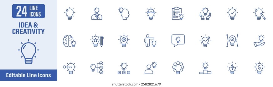 Idea and Creativity web icons in line style. Idea, creativity, innovation, brain, smart, light bulb, visionary, inspiration and more. Vector illustration.