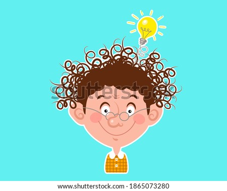 Idea! Curly-haired man with glasses. Scientist and new idea. Young genius. Smart kid