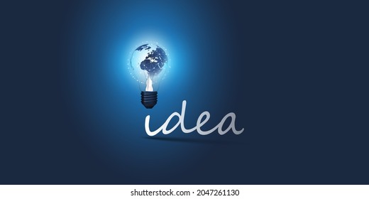 Idee - Dunkelblaues Design-Konzept mit Earth Globe Innen einer Glühbirne und handgeschriebenes Etikett - Vorlage mit Kopienraum